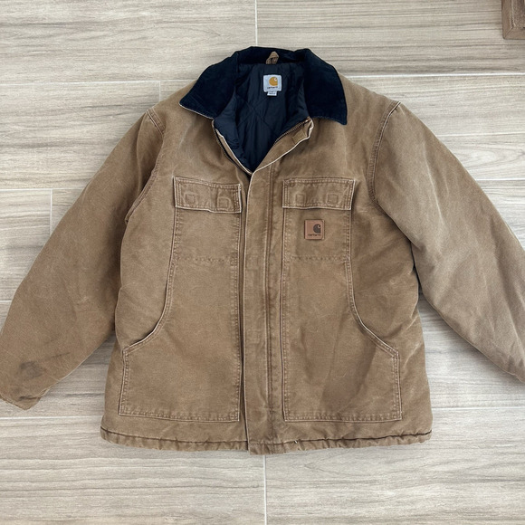 Carhartt Jacket Mens XL Beige Duck Canvas Corduroy Collar Faded C26 211 Work - Picture 2 of 10